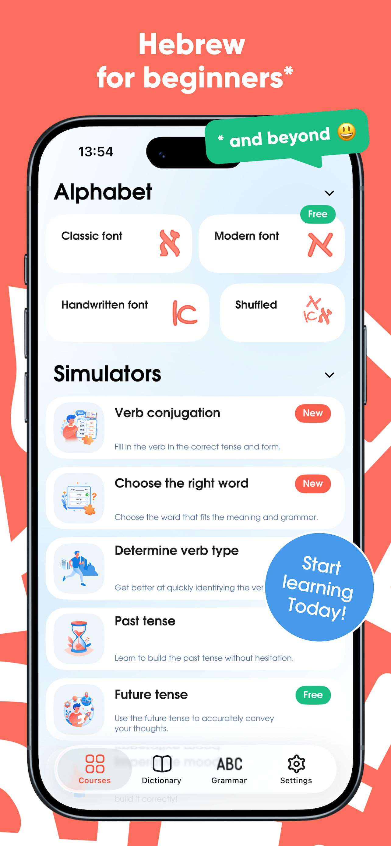 Home screen: alphabet courses and trainers