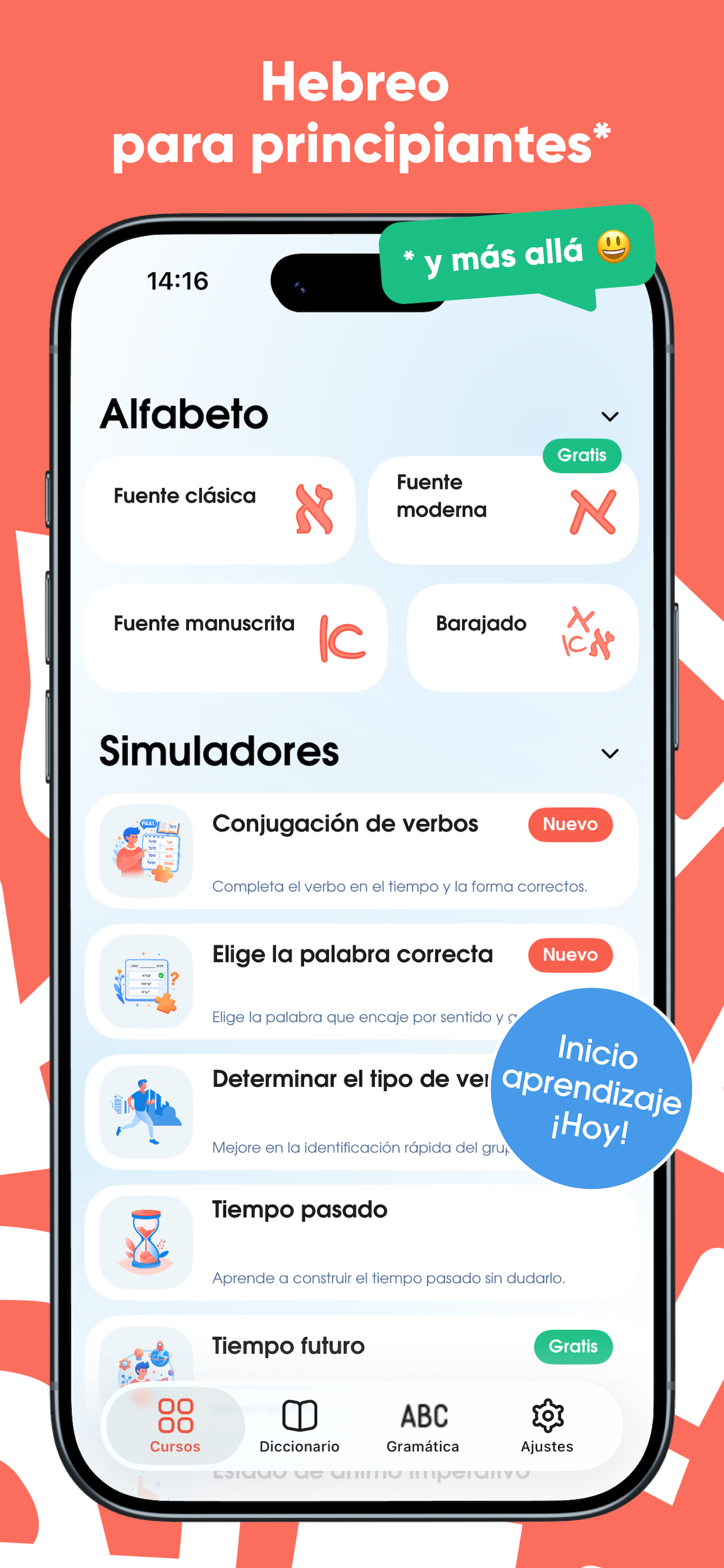 Pantalla principal: cursos del alfabeto y entrenadores