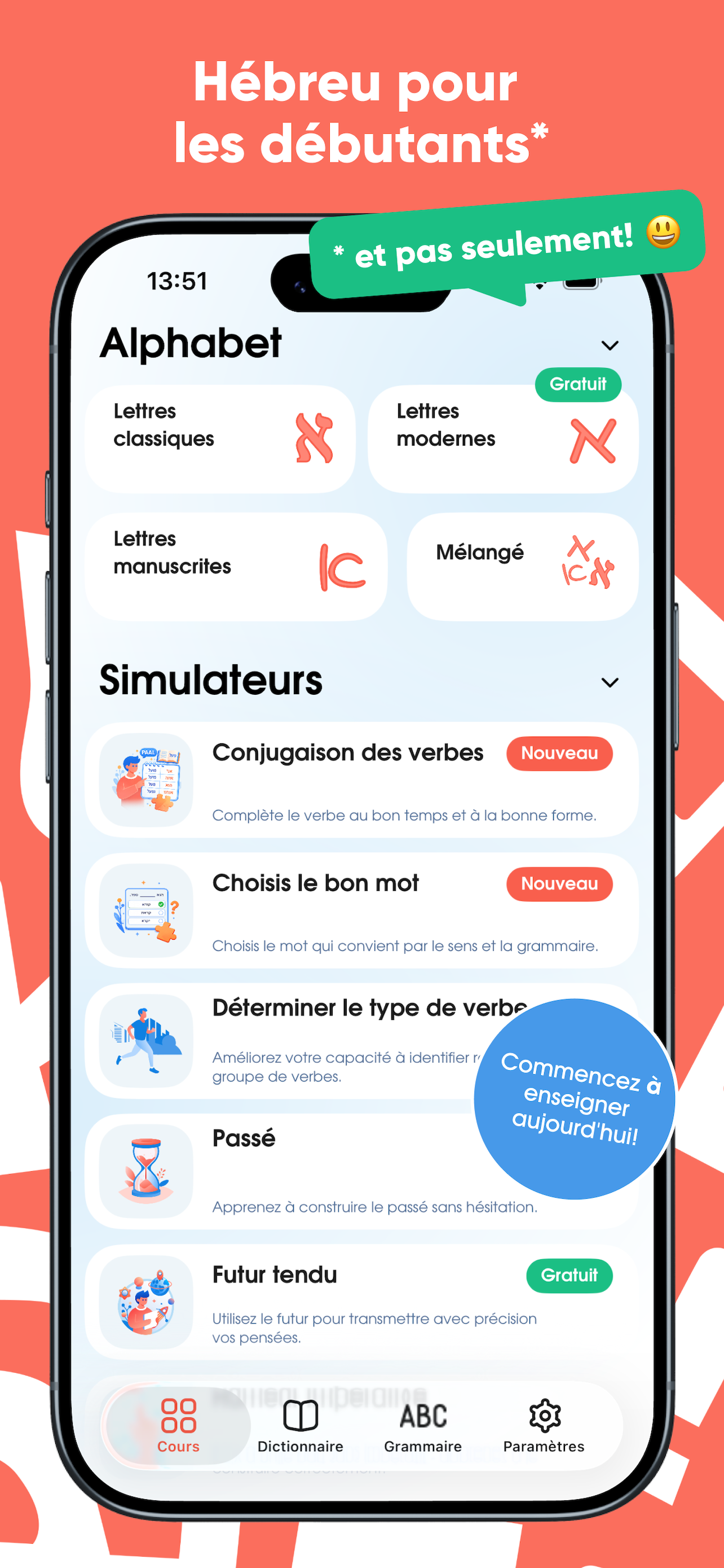 Écran d'accueil : cours d'alphabet et entraîneurs
